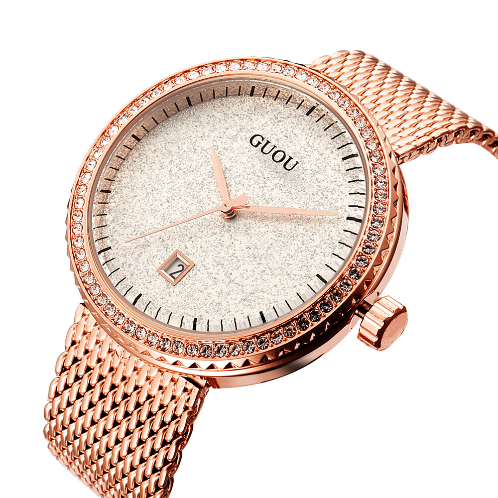 Mesh Stainless Strap - GUOU นาฬิกาควอตซ์สำหรับผู้หญิงคลาสสิกประดับพลอยเทียมตาข่ายแบบเรียบง่ายสายสแตนเลสหน้าปัดขนาดใหญ่ของขวัญขายดี