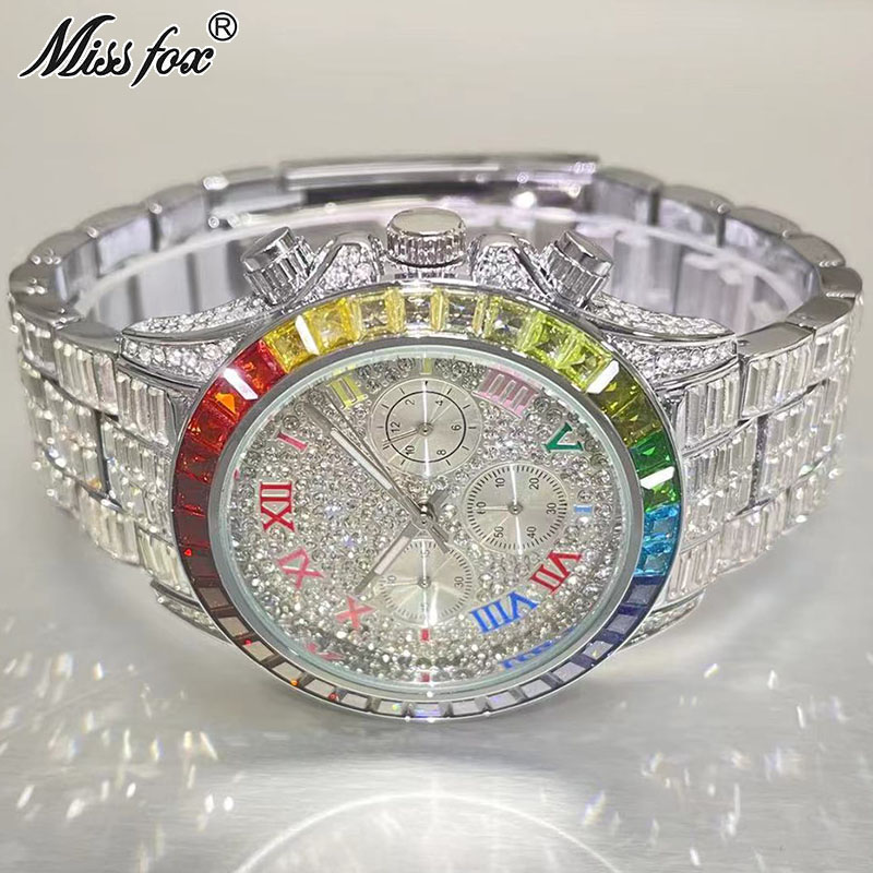 Smartwatch Watches For Men Brands - MISSFOX Luxury Iced นาฬิกาผู้ชายแฟชั่นแบรนด์กันน้ำนาฬิกาควอตซ์ Rainbow สี่เหลี่ยมผืนผ้าเพชรนาฬิกาข้อมือของขวัญ