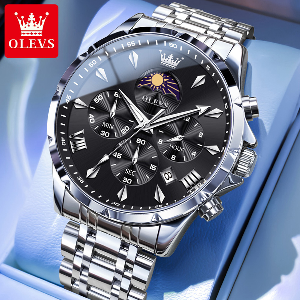 Smartwatch Watches For Men Brands - นาฬิกาข้อมือผู้ชาย OLEVS 3653 พร้อมฟังก์ชันแสดงข้างขึ้นข้างแรม ปฏิทิน กันน้ำ