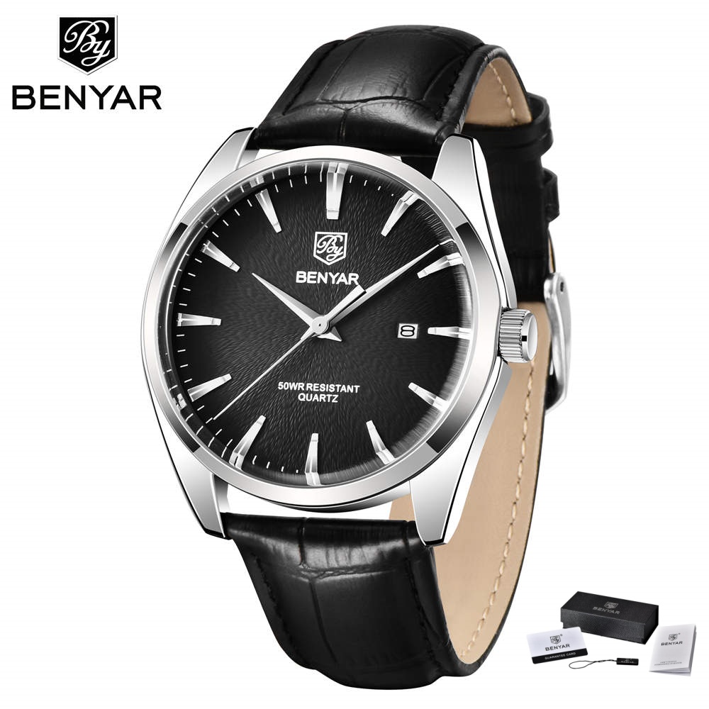 Smartwatch Watches For Men Brands - นาฬิกาข้อมือแบรนด์หรู Benyar 5163 สไตล์ทหาร สายหนัง ควอตซ์