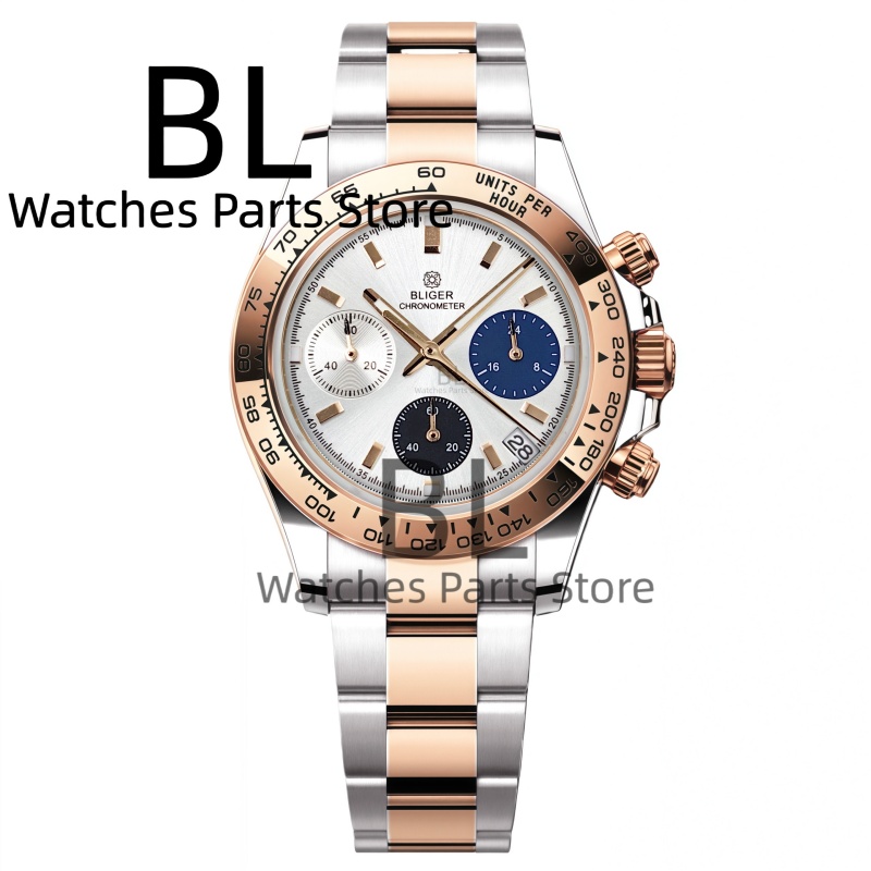 Smartwatch Watches For Men Brands - BLIGER ทูโทน ซิลเวอร์ โรสนาฬิกาผู้ชายแบรนด์หรูนาฬิกาควอตซ์สำหรับผู้ชายโครโนกราฟกีฬากันน้ำเรืองแสงเรโลจ ฮอมเบอร์