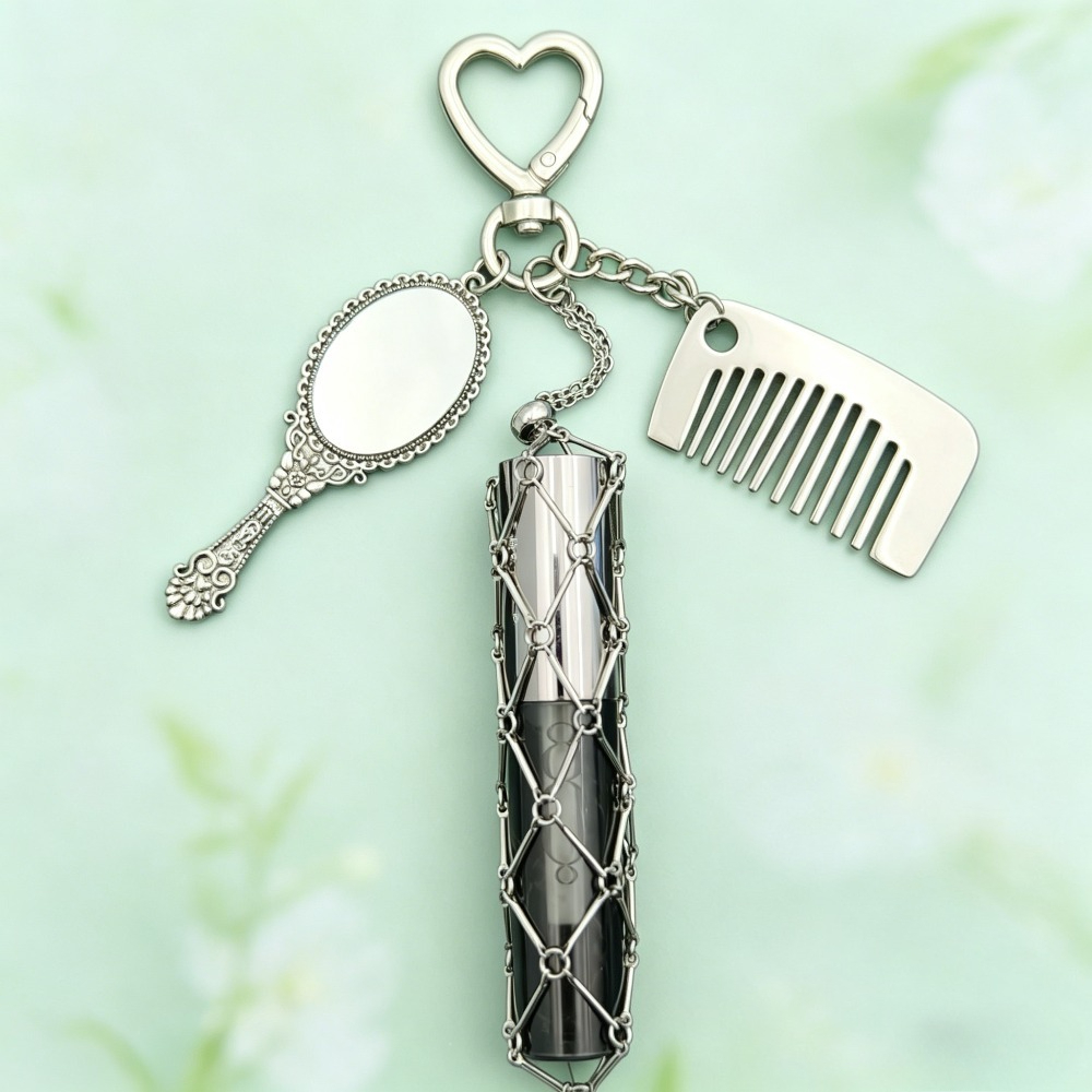 Mesh Stainless Strap - กระเป๋าใส่ลิปสติกแบบตาข่ายโลหะวินเทจ พวงกุญแจแบบพกพา พร้อมกระจก หวีขนาดเล็ก ของขวัญอเนกประสงค์สำหรับผู้หญิง