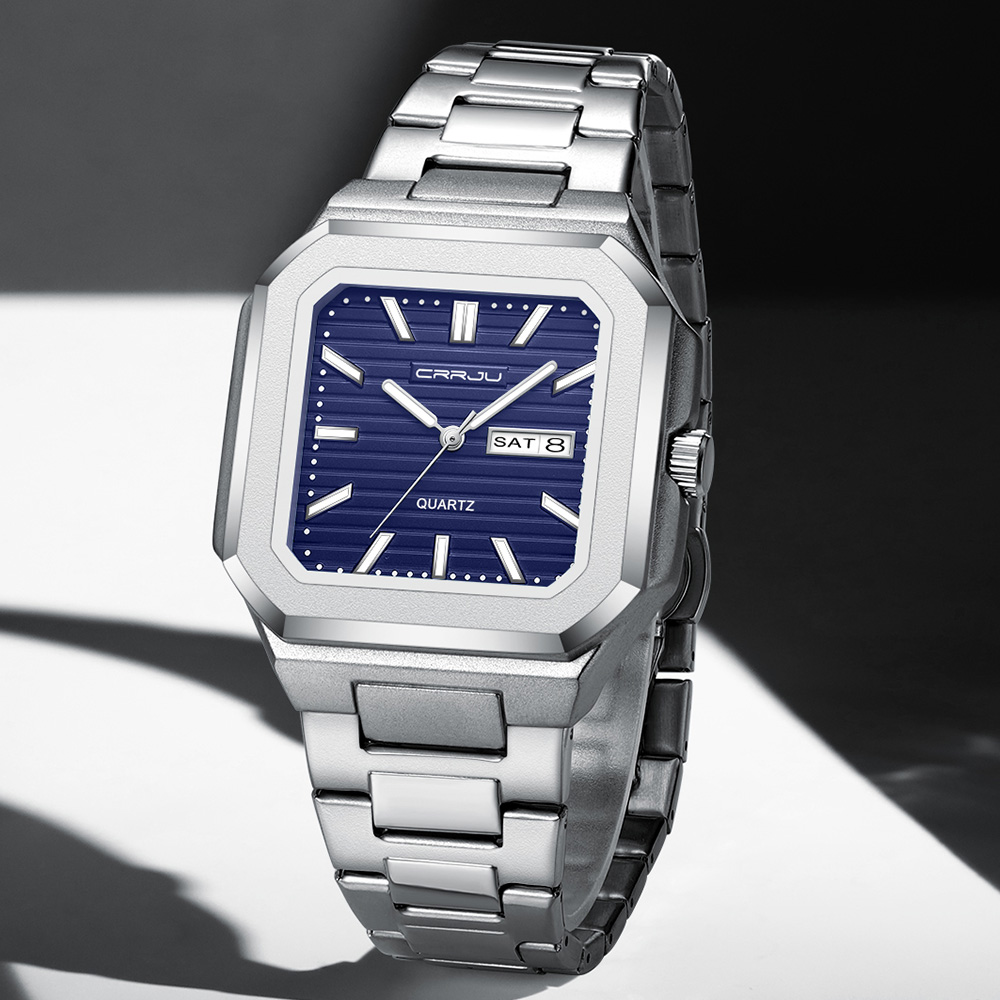 Smartwatch Square Watches For Men - CRRJU นาฬิกาข้อมือสแตนเลสลำลองสำหรับผู้ชาย, นาฬิกาควอทซ์แบบแอนะล็อกพร้อมวันและวันที่, นาฬิกาเดรสกันน้ำแบบคลาสสิกสำหรับผู้ชาย