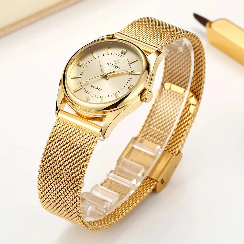 Mesh Stainless Strap - WWOOR แบรนด์หรูชุดทองนาฬิกาสุภาพสตรีเพชรนาฬิกาข้อมือควอตซ์ขนาดเล็กสําหรับผู้หญิงตาข่ายเหล็กนาฬิกา zegarek damski